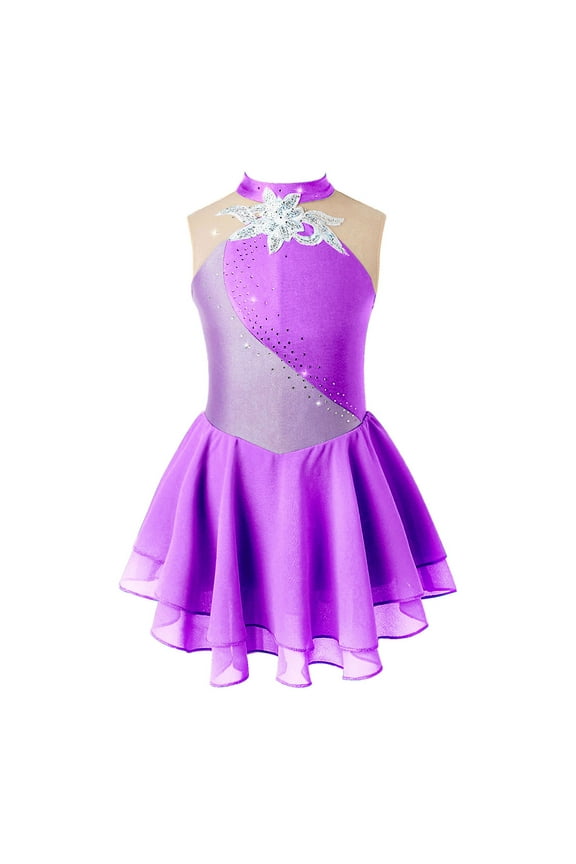 Girls Ice Skating Sleeveless Shiny Leotard Dance Dress Tutu Skirt for Competition Performance Purple 8