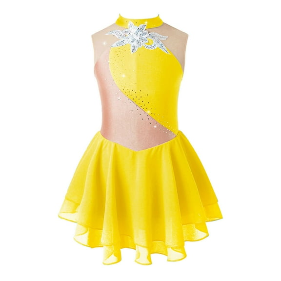 Sholeno Girls Ice Skating Sleeveless Shiny Leotard Dance Dress Tutu Skirt for Competition Performance Yellow 16