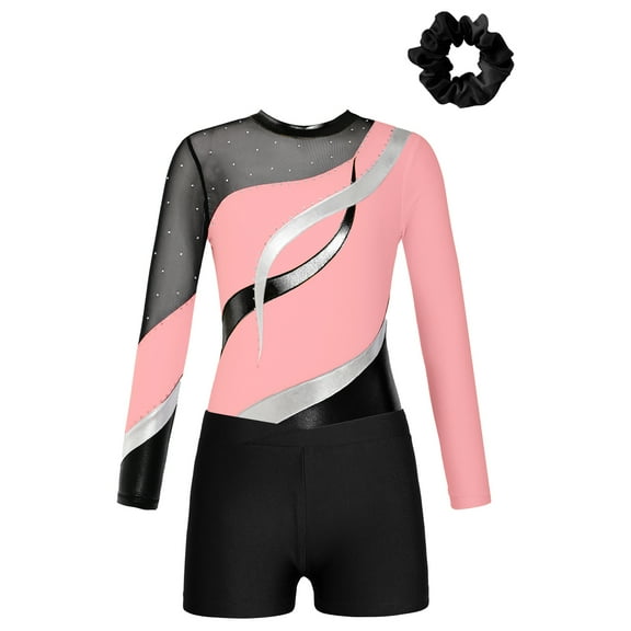 Sholeno Girls Kids Sequin Metallic Gymnastics Leotard with Shorts Dance Unitard Biketards Ballroom Dancewear Pink&Black 6