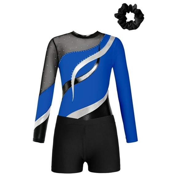 Sholeno Girls Kids Sequin Metallic Gymnastics Leotard with Shorts Dance Unitard Biketards Ballroom Dancewear Royal Blue&Black 10