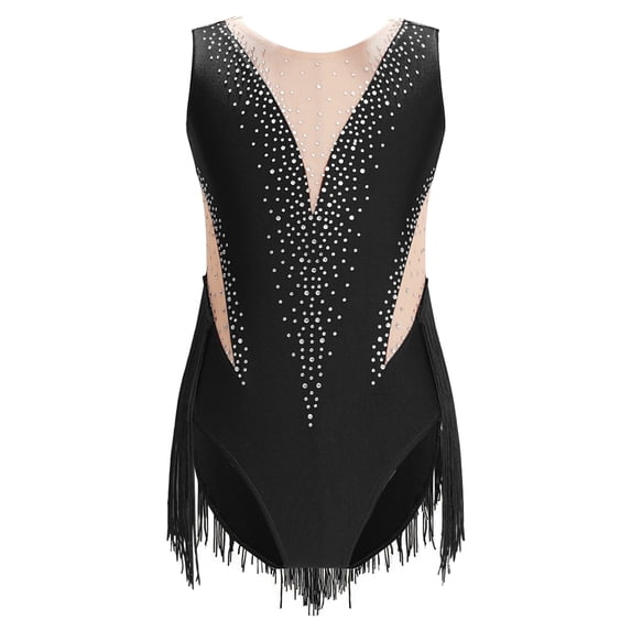 Sholeno Girls Latin Modern Dance Leotard Fringed Tassels Splice Mesh Rhinestones Sleevelesss Skating Black 14