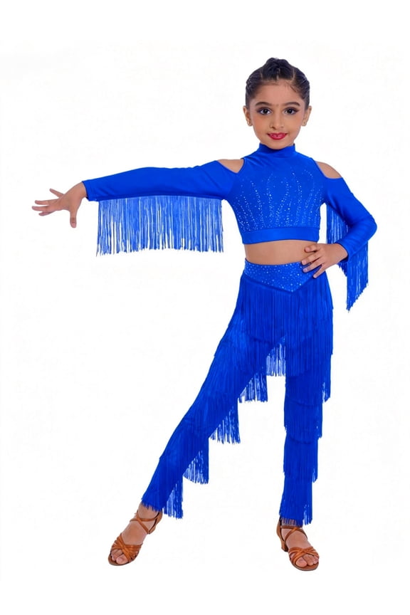 Girls Latin Tango Cha-cha Rumba Dance Set Tassels Long Sleeve Rhinestone Crop Top and Tiered Fringe Pants Royal Blue 6