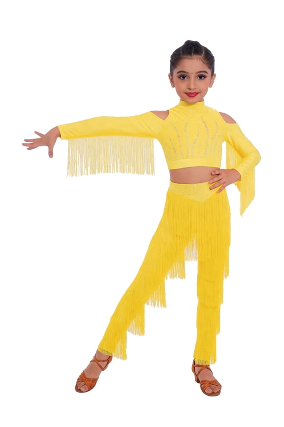 Girls Latin Tango Cha-cha Rumba Dance Set Tassels Long Sleeve Rhinestone Crop Top and Tiered Fringe Pants Yellow 6