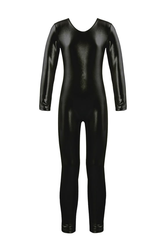 Girls Long Sleeve Leotard Unitard Catsuit Full Length Bodysuit Kids Boys Stretch Yoga Black 4