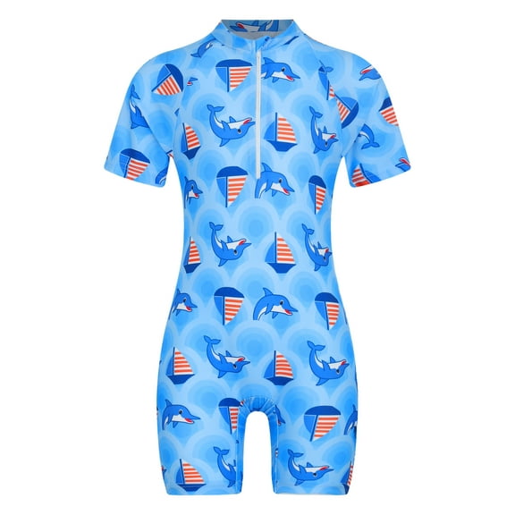 Sholeno Girls Long Sleeve One-Piece Swimsuit Short Sleeve Boyleg Rash Guard Surfing Bathing Suits Blue Dolphin L/2