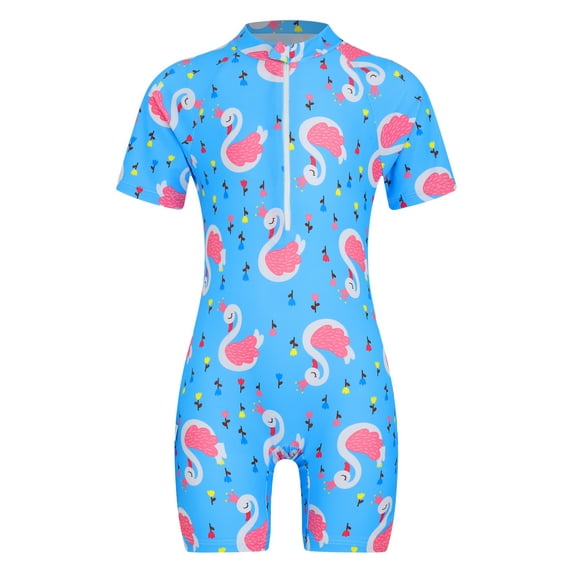 Sholeno Girls Long Sleeve One-Piece Swimsuit Short Sleeve Boyleg Rash Guard Surfing Bathing Suits Blue Swan L/2