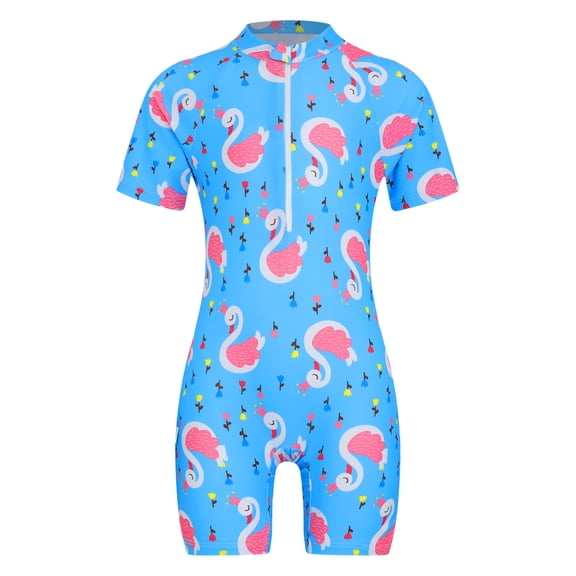 Sholeno Girls Long Sleeve One-Piece Swimsuit Short Sleeve Boyleg Rash Guard Surfing Bathing Suits Blue Swan M/1