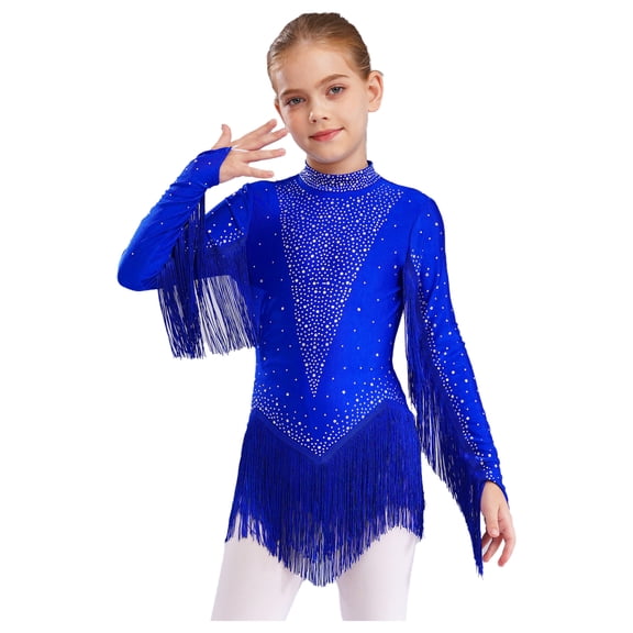 Sholeno Girls Long Sleeve Shiny Sequins Tassel Fringe Dance Leotard Jazz Latin Ballroom Dancewear Blue 8