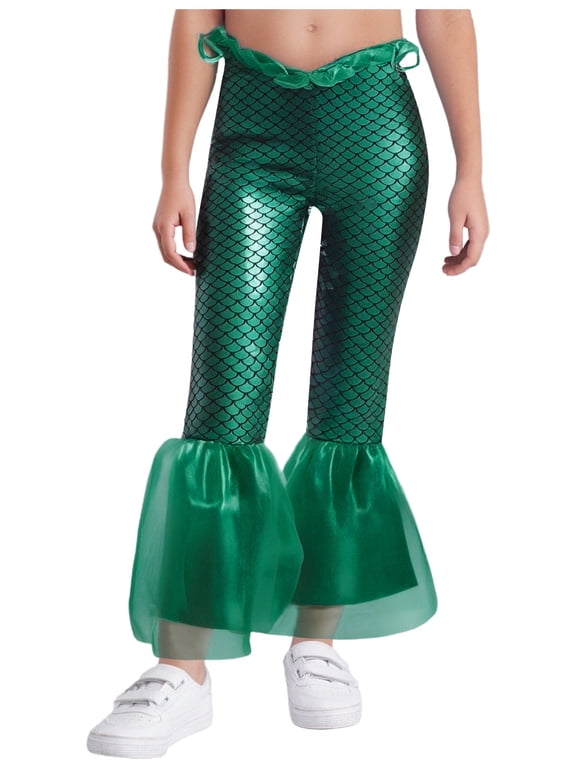 Girls Metallic Pants Sparkle Mermaid Trousers Glitter Dance Bell Bottoms 6-16 Green 6