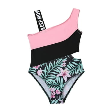 Sholeno Girls One Piece Bathing Suit Colorblock One Shoulder Swimsuits Summer Beach Sport Swimwear Pink Lily 10