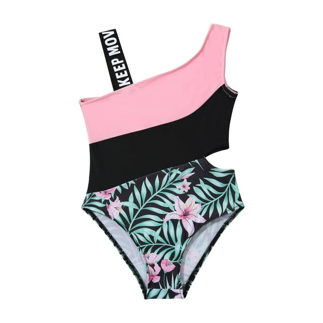 Sholeno Girls One Piece Bathing Suit Colorblock One Shoulder Swimsuits Summer Beach Sport Swimwear Pink Lily 14