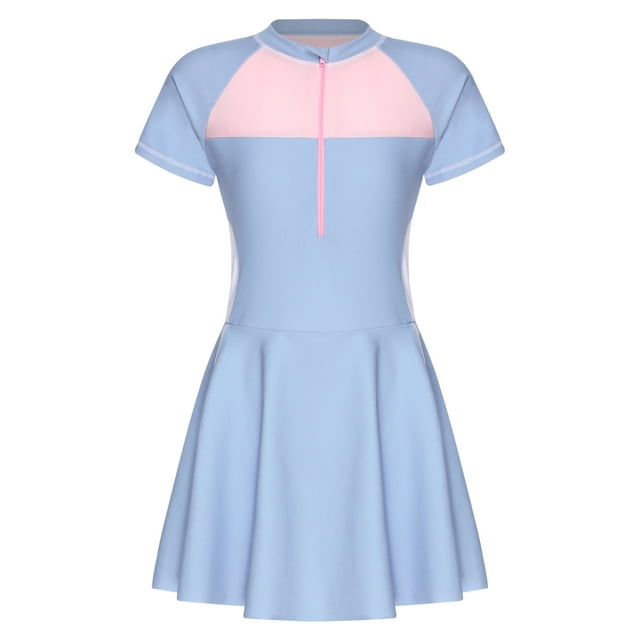 Sholeno Girls One Piece Short Sleeve Swim Dress Color Block Rash Guard Sport Swimwear Bathing Suit Light Blue 13-14