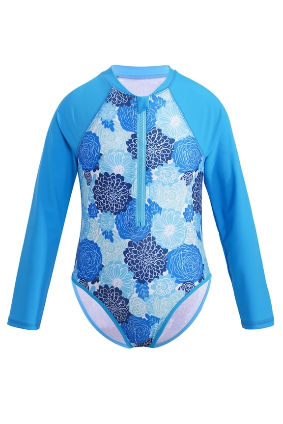 Girls One Piece Swimsuit Long Sleeve Rash Guard Sun Protection Swimwear Bathing Suit Blue Flower 8