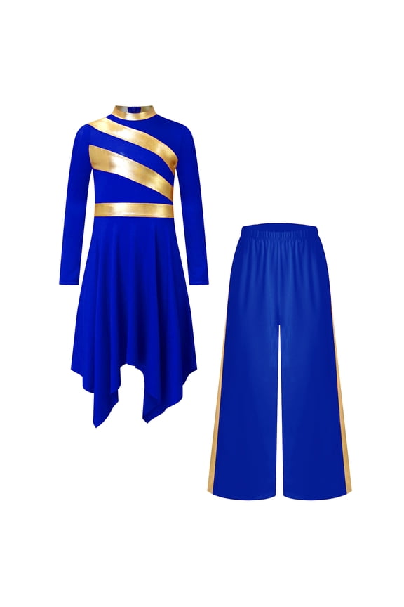 Girls Praise Dance Dress Prayer Clothes Liturgical Worship Gowns with Pants Set Tunic Praisewear Blue 10