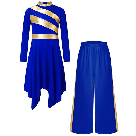 Sholeno Girls Praise Dance Dress Prayer Clothes Liturgical Worship Gowns with Pants Set Tunic Praisewear Blue 12