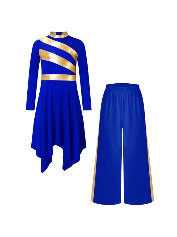 Girls Praise Dance Dress Prayer Clothes Liturgical Worship Gowns with Pants Set Tunic Praisewear Blue 6