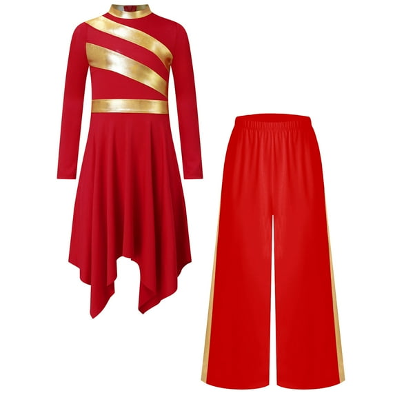 Sholeno Girls Praise Dance Dress Prayer Clothes Liturgical Worship Gowns with Pants Set Tunic Praisewear Red 12