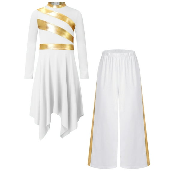 Sholeno Girls Praise Dance Dress Prayer Clothes Liturgical Worship Gowns with Pants Set Tunic Praisewear White 12