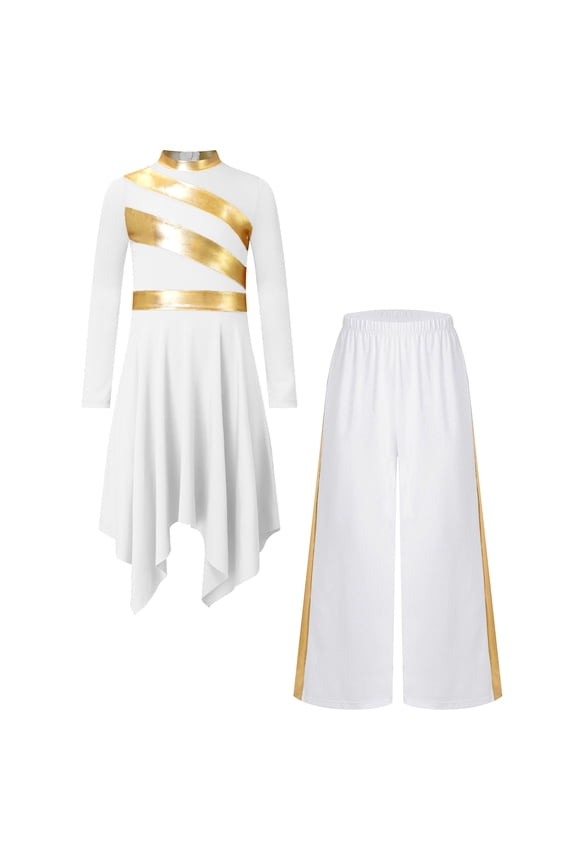 Girls Praise Dance Dress Prayer Clothes Liturgical Worship Gowns with Pants Set Tunic Praisewear White 6