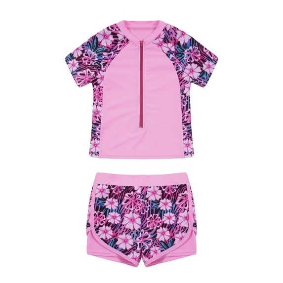 Sholeno Girls Rashguard Swimsuits Two Piece Zipper Swim Top with Shorts Beach Swimwear Bathing Suit Pink Floral 8