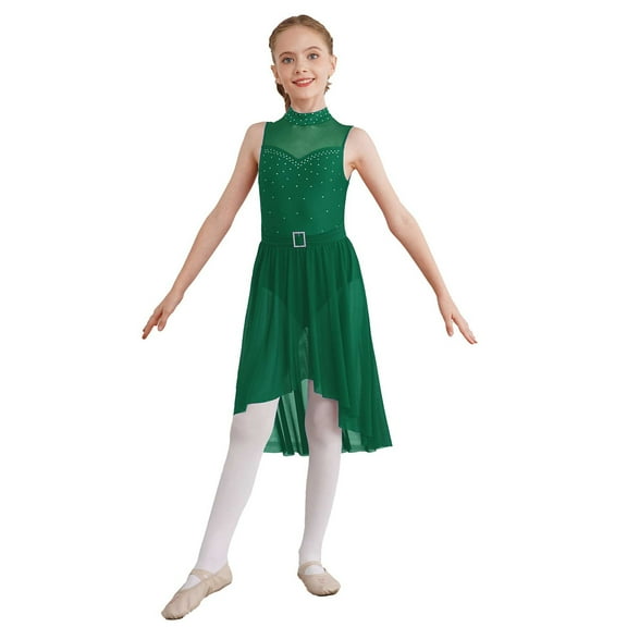 Sholeno Girls Sequined Ballet Lyrical Dance Chiffon Dress Gymnastics Leotard Sheer Mesh Skirts Green 14