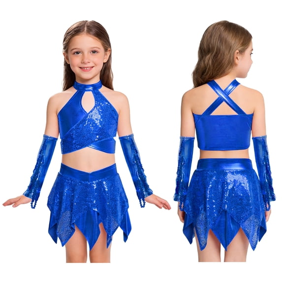 Sholeno Girls Sequins Jazz Dance Outfits Metallic Halter Neck Crop Top with Skirt Gloves for Hip Hop Dancing Party Blue 12