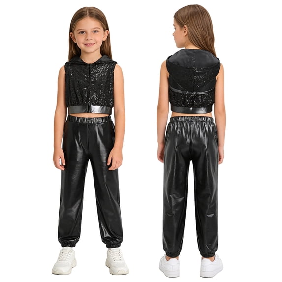 Sholeno Girls Sequins Sleeveless Zipper Hooded Top with Metallic Pants Set Club Jazz Hip Hop Disco Dance Outfits Black 16
