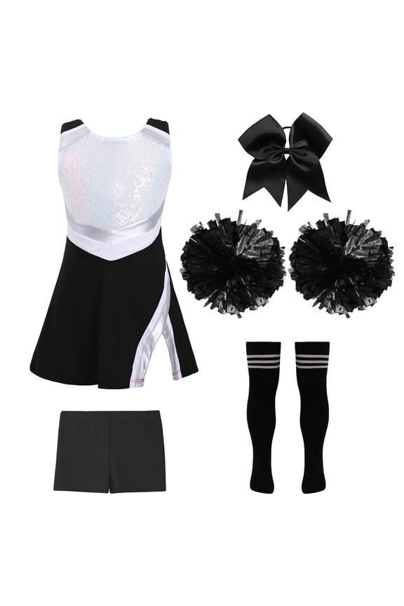 Girls Shiny Cheer Leader Uniform Cheerleading Dance Dress Halloween Xmas Party Performance A Black&White 4