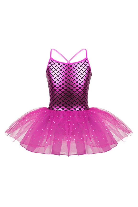 Girls Shiny Fishs Cales Printed Leotard Dress Ballet Dance Dress Mermaid Princess Costume Rose Red 4