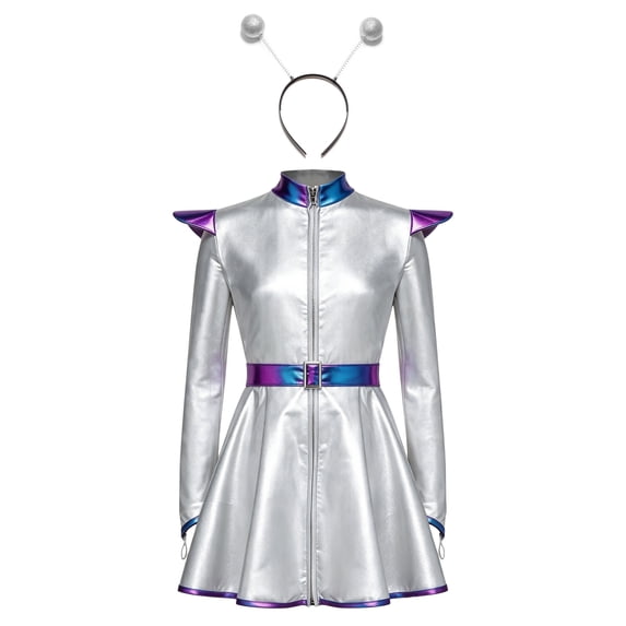 Sholeno Girls Shiny Metallic Outer Space Alien Outfits Silver 16