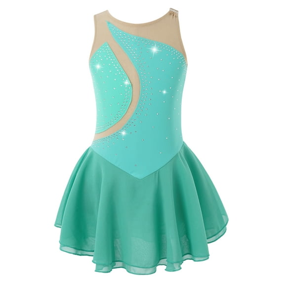 Sholeno Girls Shiny Rhinestone Ballet Gymnastics Leotard Dress Figure Ice Skating Dress Mesh Splice Green 12