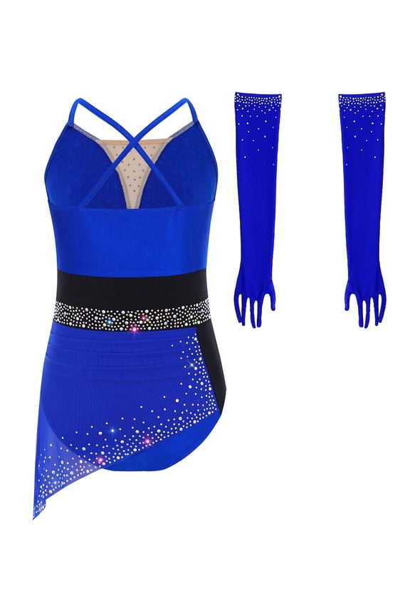 Girls Shiny Rhinestones Lyrical Dance Bodysuit Latin Cha-cha Samba Rumba Dance Performance Dress Royal Blue 6
