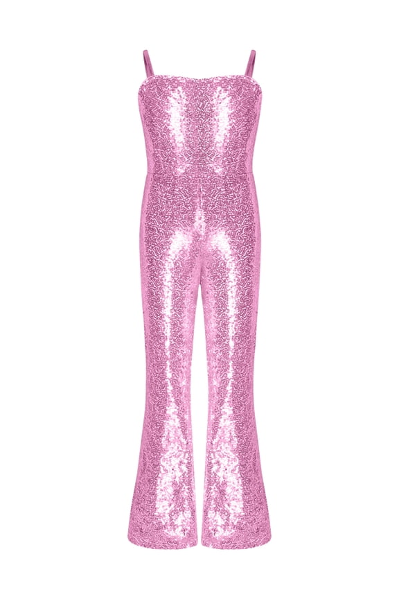 Girls Shiny Sequins Jumpsuit Movie Singer Role Play Bodysuit for Carnival Party Performance Pink 10