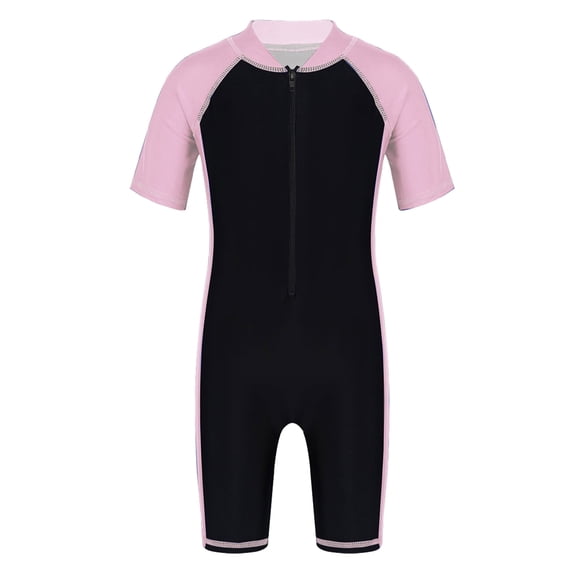 Sholeno Girls Short Sleeve Rash Guard One Piece Swimsuits Zipper Front Sun Protection Bathing Suit Pink&Black 10