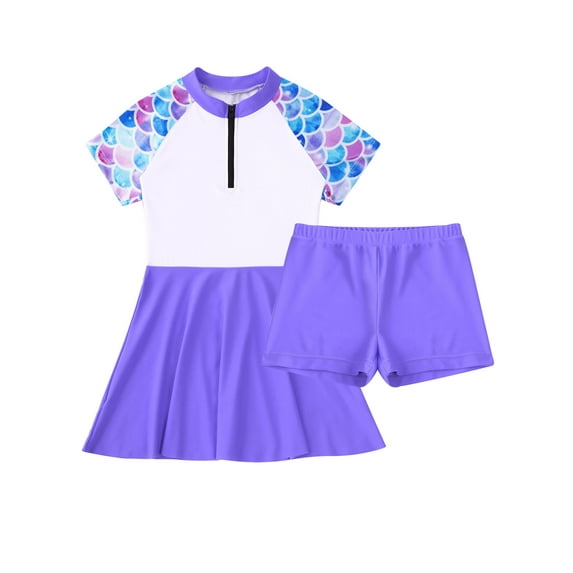 Sholeno Girls Short Sleeve Zipper Swimsuits with Boyshort 2-Piece Rash Guard Swimwear Bathing Suits Blue Fish Scales 6