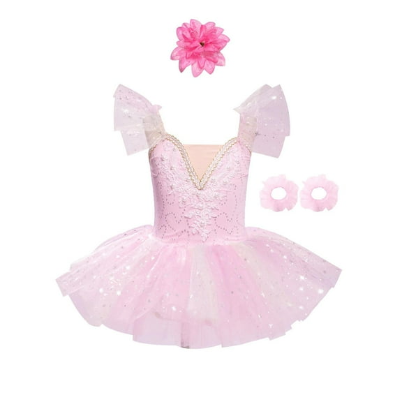 Sholeno Girls Sleeveless Ballerina Skirted Leotard with Hair Clip Cuffs Ballet Dance Tutu Princess Dress Pink 13-14