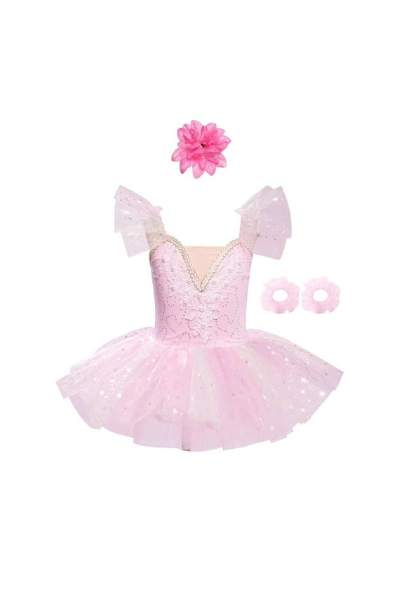 Girls Sleeveless Ballerina Skirted Leotard with Hair Clip Cuffs Ballet Dance Tutu Princess Dress Pink 5-6