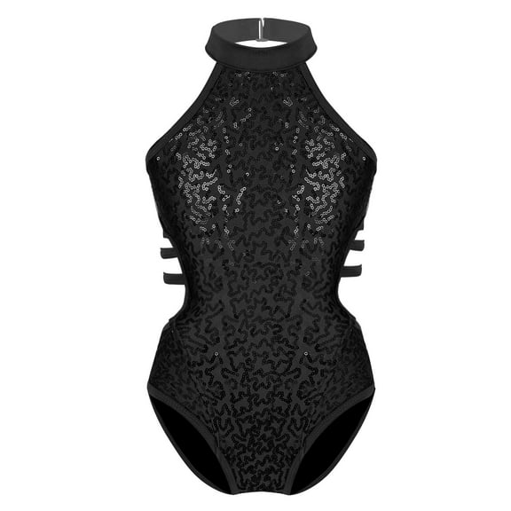 Sholeno Girls Sleeveless Gymnastucs Leotard Halter Sequins Ballet Dance One Piece Tank Tops Bodysuit Black 14