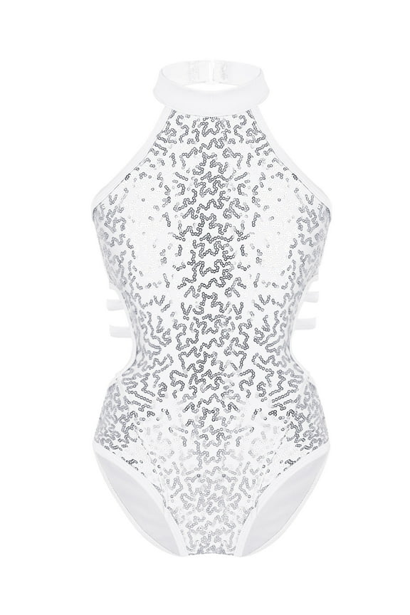 Girls Sleeveless Gymnastucs Leotard Halter Sequins Ballet Dance One Piece Tank Tops Bodysuit White 10