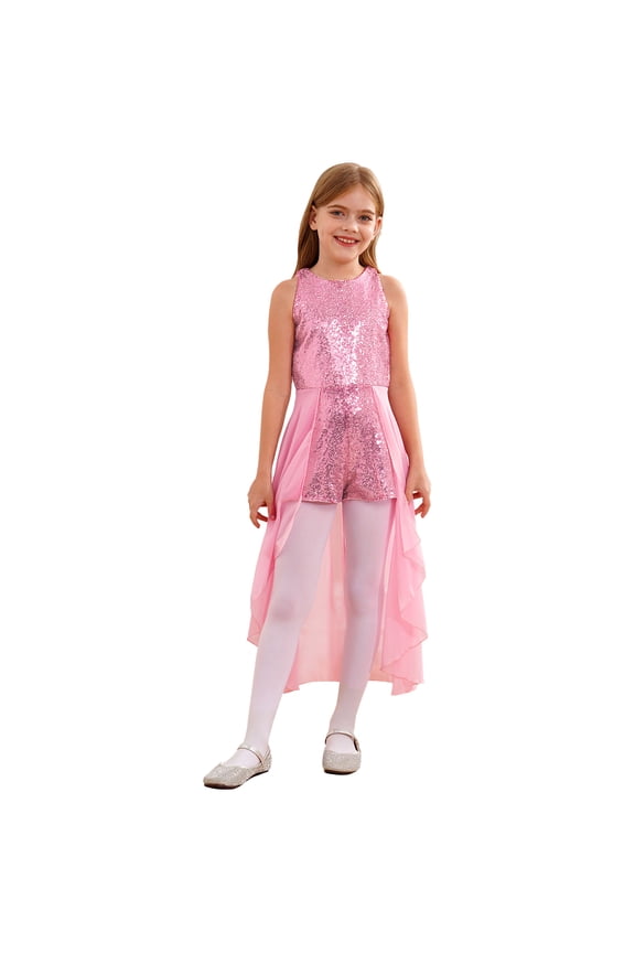 Girls Sleeveless Sequined Birthday Prom Party Jumpsuit Pageant Dancing Romper Gowns Ball Pink 10
