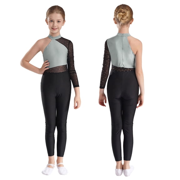 Sholeno Girls Sparkle Long Sleeve Unitard Kids Full Body Leotard One Piece Jumpsuit One Shoulder Dancewear Gray 14
