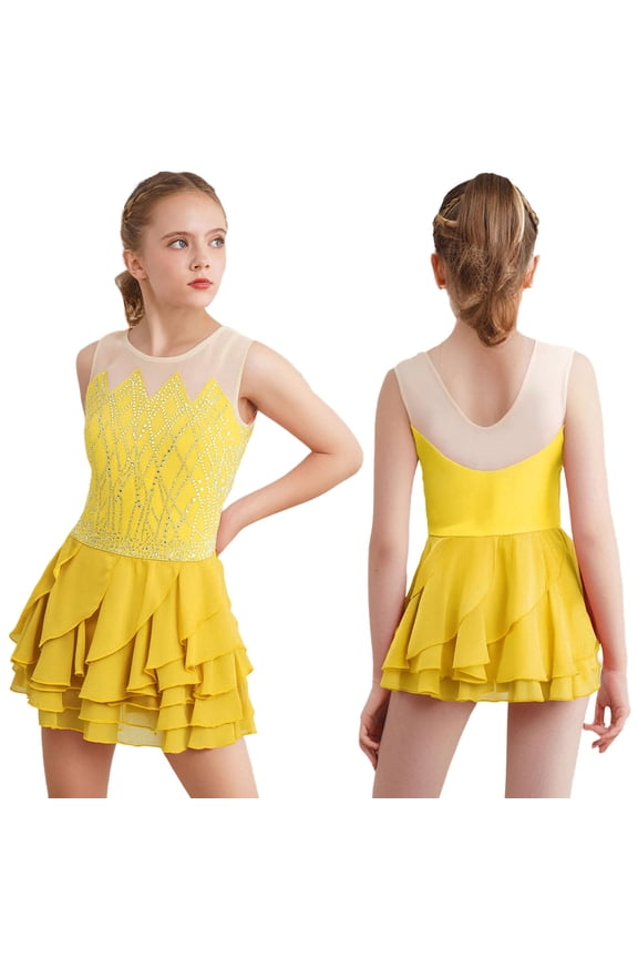 Girls Sparkly Figure Skating Dress Sleeveless Ballroom Dancing Outfits Ballet Dance Skirted Leotards Yellow 12