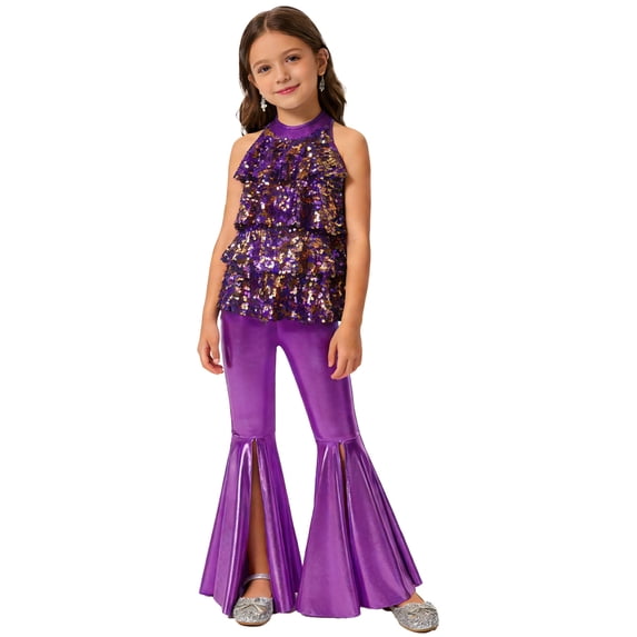 Sholeno Girls Sparkly Sequins Tassel Dance Leotards with Bell-Bottom Pants Disco Party Jazz Hip Hop Dancewear Purple 16