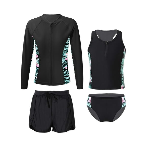 Sholeno Girls Swimsuit 4 Pieces Zip Up Rash Guard Set Tankini Bathing Suits Summer Beach Swimwear Zipper Lily 10