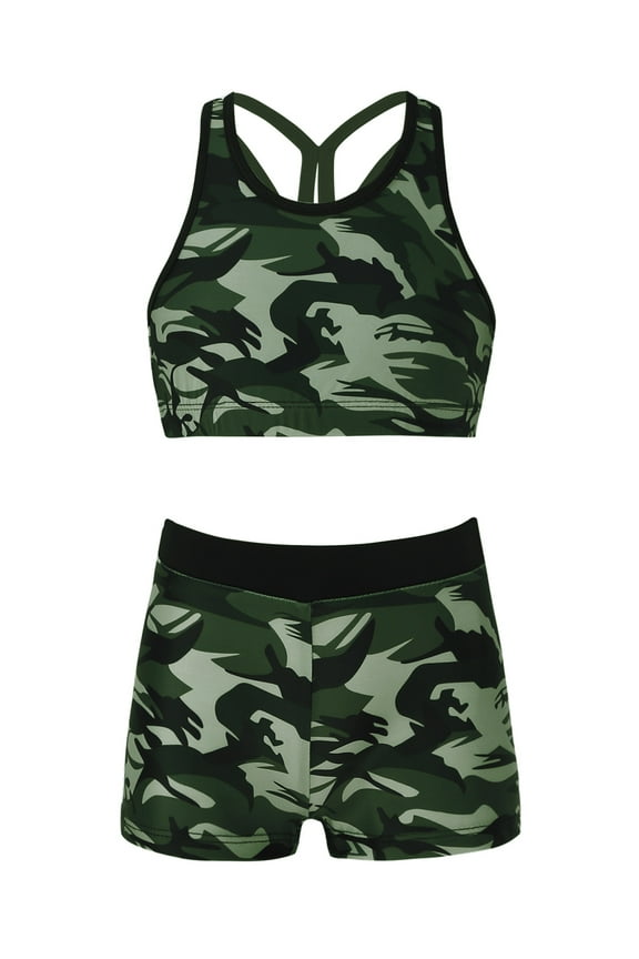 Girls Tankini Swimsuit Two Piece Crop Topw with Boyshorts Summer Swimwear Bathing Suits Camouflage Green 14