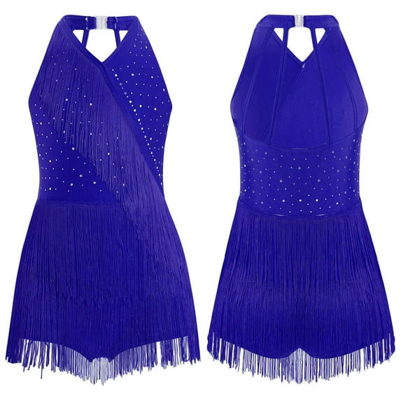 Sholeno Girls Tassel Hem Jazz Latin Dance Dress Leotard Sequins Bodysuit Samba Rumba Ballroom Dancewear Blue 14