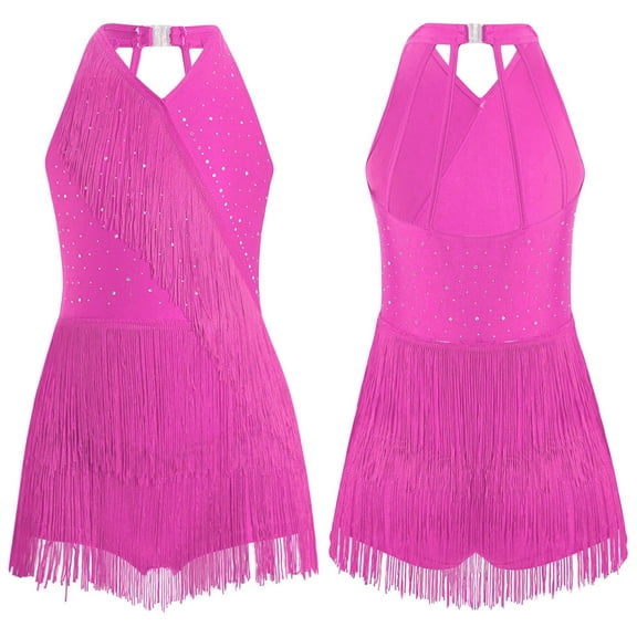 Sholeno Girls Tassel Hem Jazz Latin Dance Dress Leotard Sequins Bodysuit Samba Rumba Ballroom Dancewear Hot Pink 6