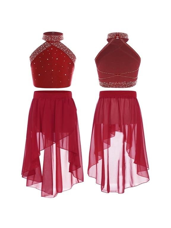 Girls Two-Piece Crop Tops with Skirt Set Lyrical Dancewear Latin Jazz Ballet Dance Leotard Dress Burgundy 10