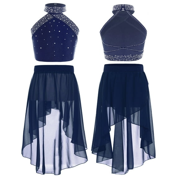 Sholeno Girls Two-Piece Crop Tops with Skirt Set Lyrical Dancewear Latin Jazz Ballet Dance Leotard Dress Navy Blue 10