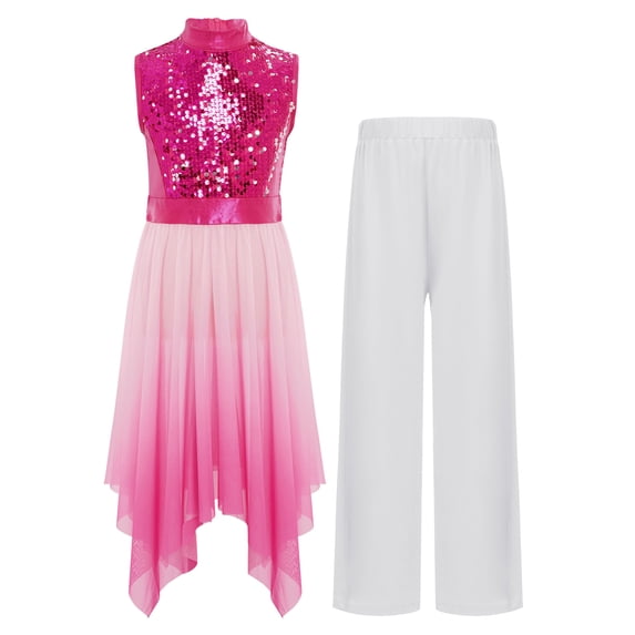 Sholeno Girls Worship Praise Dance Outfits Sleeveless Sequin Liturgical Tunic Overlay Dress with Wide Leg Pants Hot Pink 14